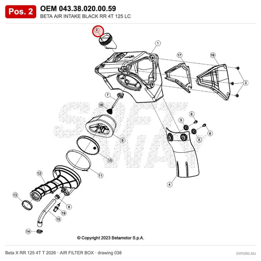 BETA AIR INTAKE BLACK RR 4T 125 LC – OEM 043.38.020.00.59, position 2 on the Beta X RR 125 4T T 2026 air filter box drawing