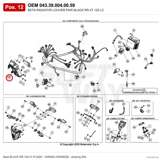 BETA RADIATOR LOUVER PAIR BLACK RR 4T 125 LC – OEM 043.39.004.00.59, position 12 on the Beta BLACK RR 125 4T R 2025 wiring harness drawing