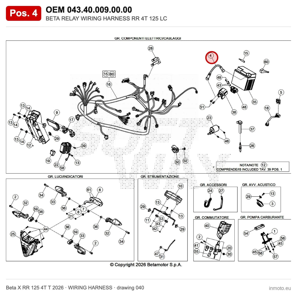 BETA RELAY WIRING HARNESS RR 4T 125 LC – OEM 043.40.009.00.00, position 4 on the Beta X RR 125 4T T 2026 wiring harness drawing