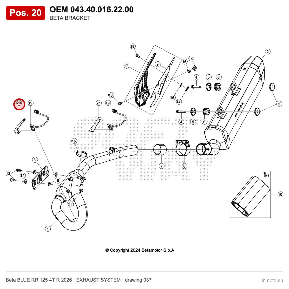 BETA BRACKET – OEM 043.40.016.22.00, position 20 on the Beta BLUE RR 125 4T R 2026 exhaust system drawing