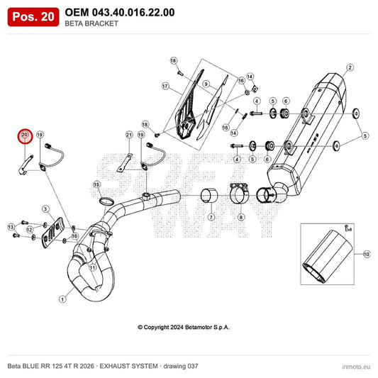 BETA BRACKET – OEM 043.40.016.22.00, position 20 on the Beta BLUE RR 125 4T R 2026 exhaust system drawing