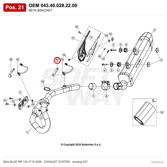 BETA BRACKET_1 – OEM 043.40.028.22.00, position 21 on the Beta BLUE RR 125 4T R 2026 exhaust system drawing
