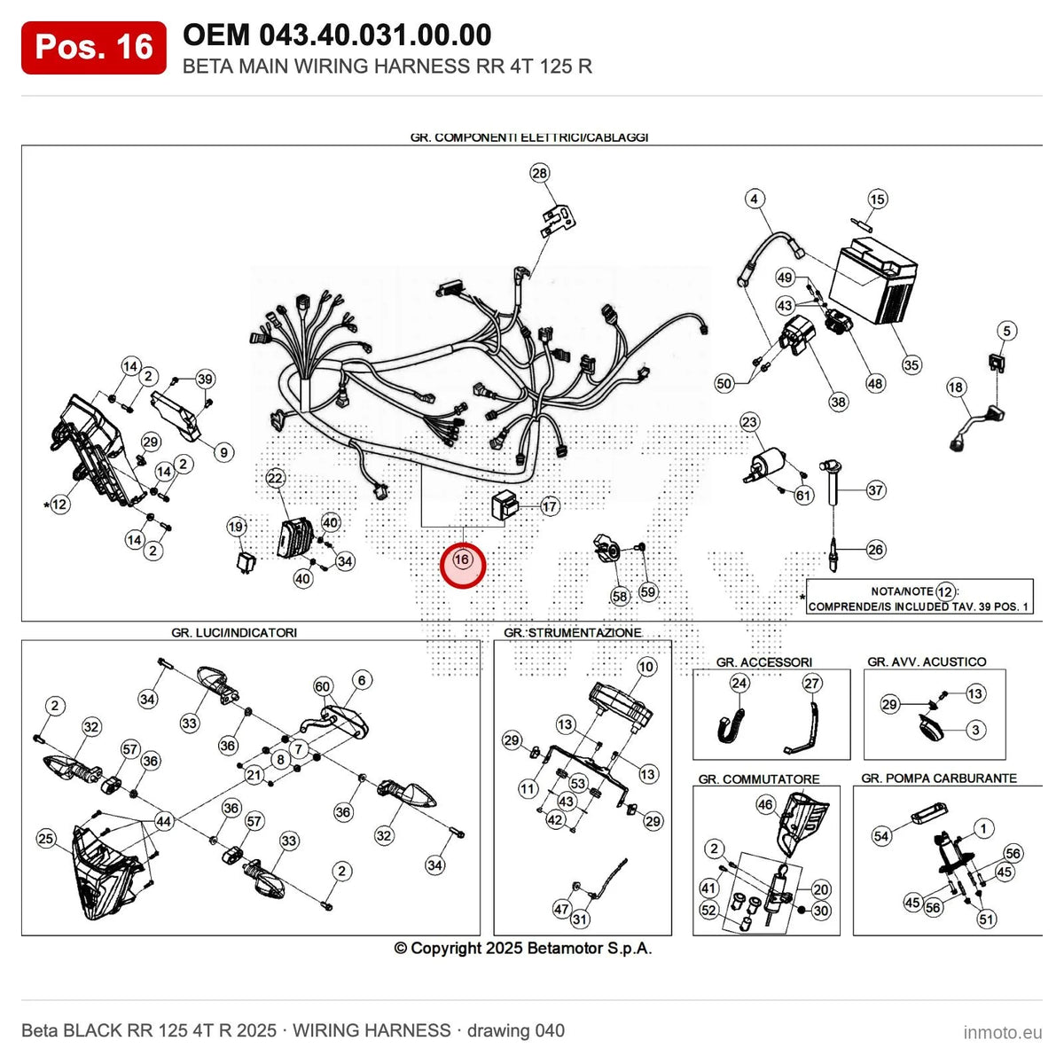 BETA MAIN WIRING HARNESS RR 4T 125 R – OEM 043.40.031.00.00, position 16 on the Beta BLACK RR 125 4T R 2025 wiring harness drawing