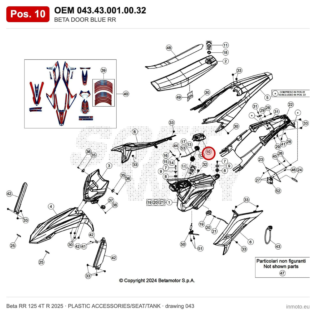 BETA DOOR BLUE RR – OEM 043.43.001.00.32, position 10 on the Beta RR 125 4T R 2025 plastic accessories/seat/tank drawing
