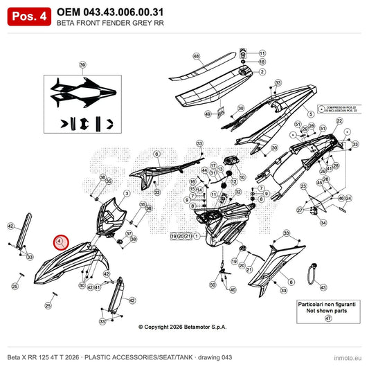 BETA FRONT FENDER GREY RR – OEM 043.43.006.00.31, position 4 on the Beta X RR 125 4T T 2026 plastic accessories/seat/tank drawing