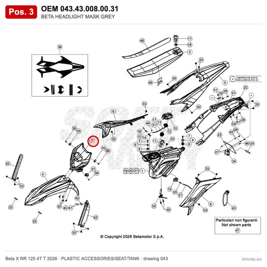 BETA HEADLIGHT MASK GREY – OEM 043.43.008.00.31, position 3 on the Beta X RR 125 4T T 2026 plastic accessories/seat/tank drawing