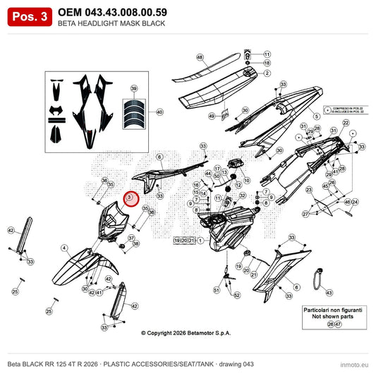 BETA HEADLIGHT MASK BLACK – OEM 043.43.008.00.59, position 3 on the Beta BLACK RR 125 4T R 2026 plastic accessories/seat/tank drawing