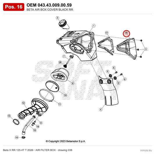 BETA AIR BOX COVER BLACK RR – OEM 043.43.009.00.59, position 16 on the Beta X RR 125 4T T 2026 air filter box drawing