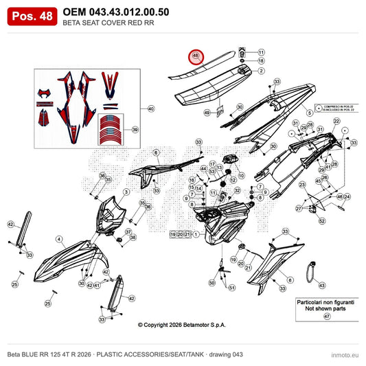 BETA SEAT COVER RED RR – OEM 043.43.012.00.50, position 48 on the Beta BLUE RR 125 4T R 2026 plastic accessories/seat/tank drawing