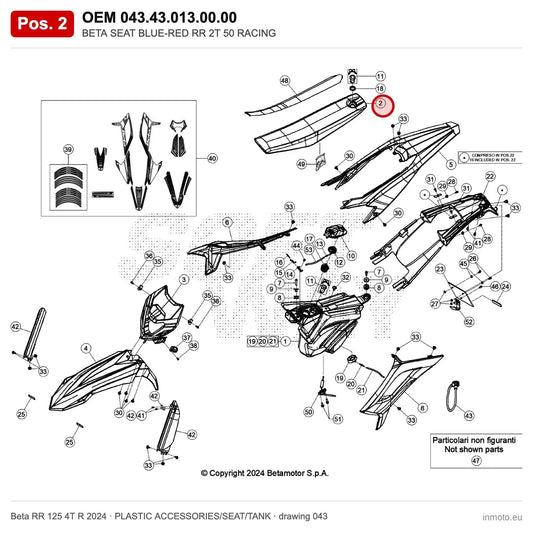 BETA SEAT BLUE-RED RR – OEM 043.43.013.00.00, position 2 on the Beta RR 125 4T R 2024 plastic accessories/seat/tank drawing