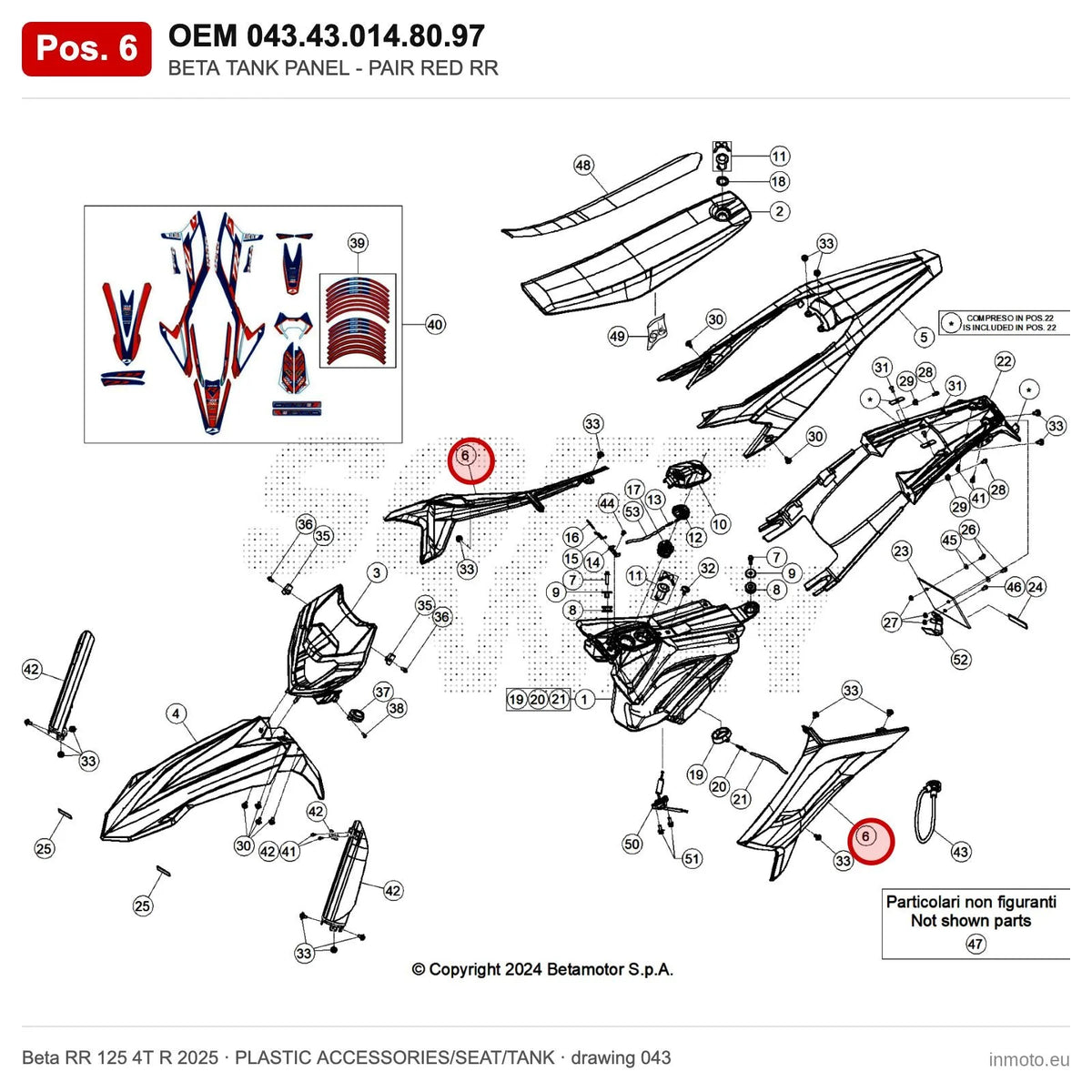 BETA TANK PANEL - PAIR RED RR – OEM 043.43.014.80.97, position 6 on the Beta RR 125 4T R 2025 plastic accessories/seat/tank drawing