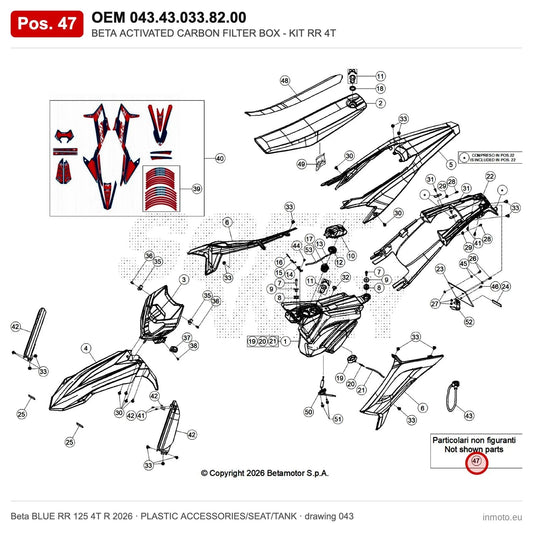 BETA ACTIVATED CARBON FILTER BOX - KIT RR 4T – OEM 043.43.033.82.00, position 47 on the Beta BLUE RR 125 4T R 2026 plastic accessories/seat/tank drawing