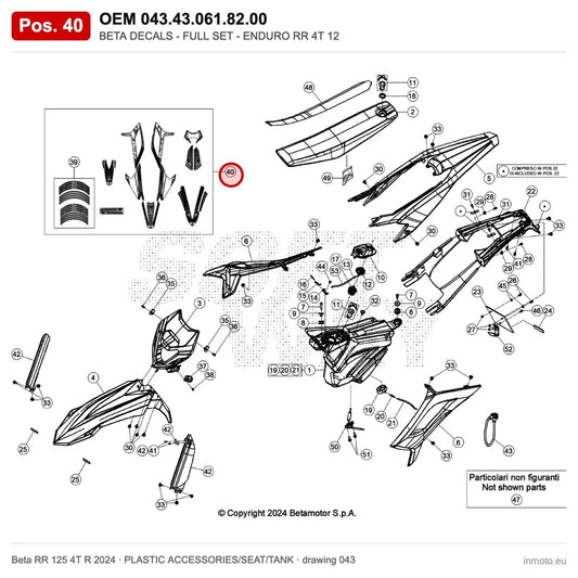 BETA DECALS - FULL SET - ENDURO RR 4T 125 R 2 – OEM 043.43.061.82.00, position 40 on the Beta RR 125 4T R 2024 plastic accessories/seat/tank drawing