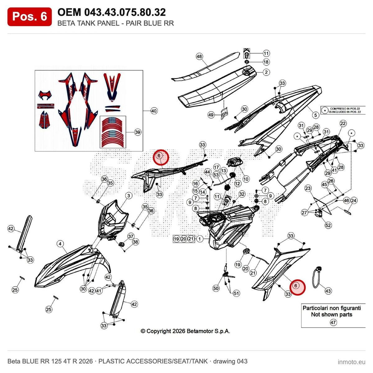 BETA TANK PANEL - PAIR BLUE RR – OEM 043.43.075.80.32, position 6 on the Beta BLUE RR 125 4T R 2026 plastic accessories/seat/tank drawing