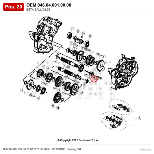 BETA BALL D4,76 – OEM 046.04.001.00.00, position 20 on the Beta BLACK RR 50 2T SPORT LS 2026 gearbox drawing