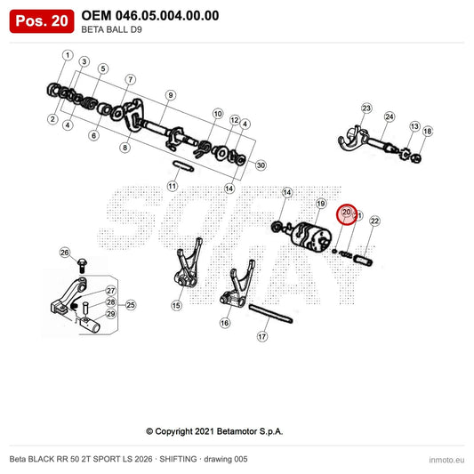 BETA BALL D9 – OEM 046.05.004.00.00, position 20 on the Beta BLACK RR 50 2T SPORT LS 2026 shifting drawing