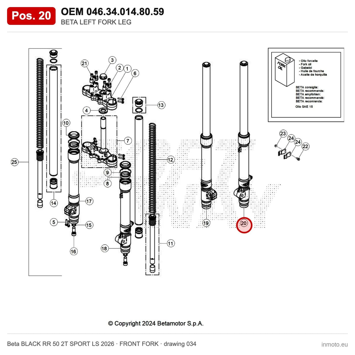 BETA LEFT FORK LEG – OEM 046.34.014.80.59, position 20 on the Beta BLACK RR 50 2T SPORT LS 2026 front fork drawing