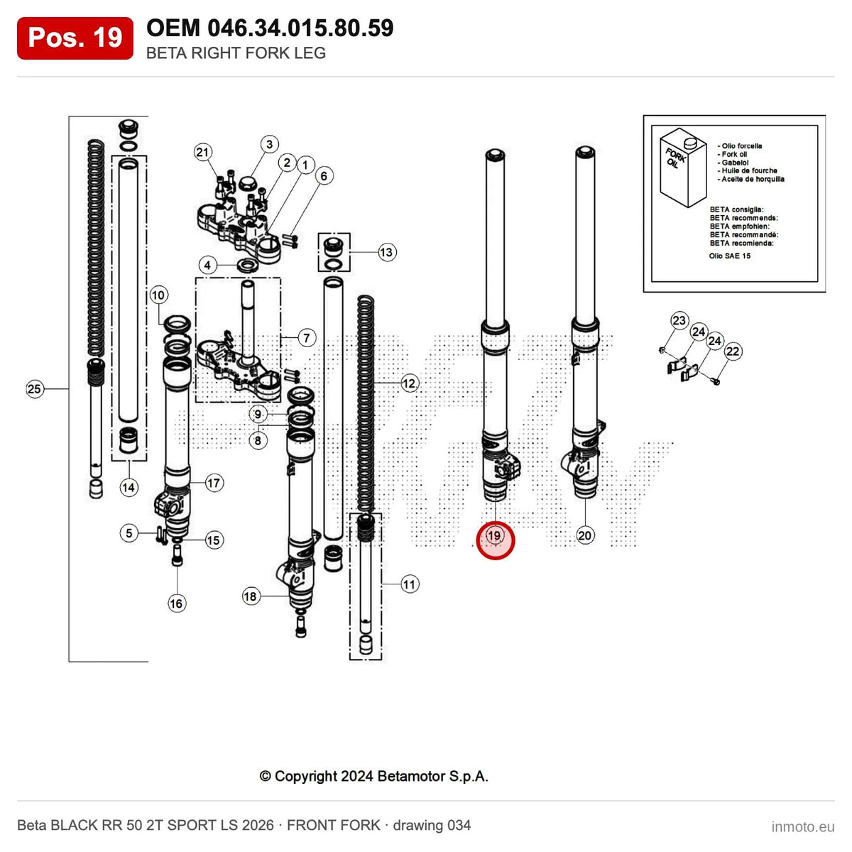 BETA RIGHT FORK LEG – OEM 046.34.015.80.59, position 19 on the Beta BLACK RR 50 2T SPORT LS 2026 front fork drawing