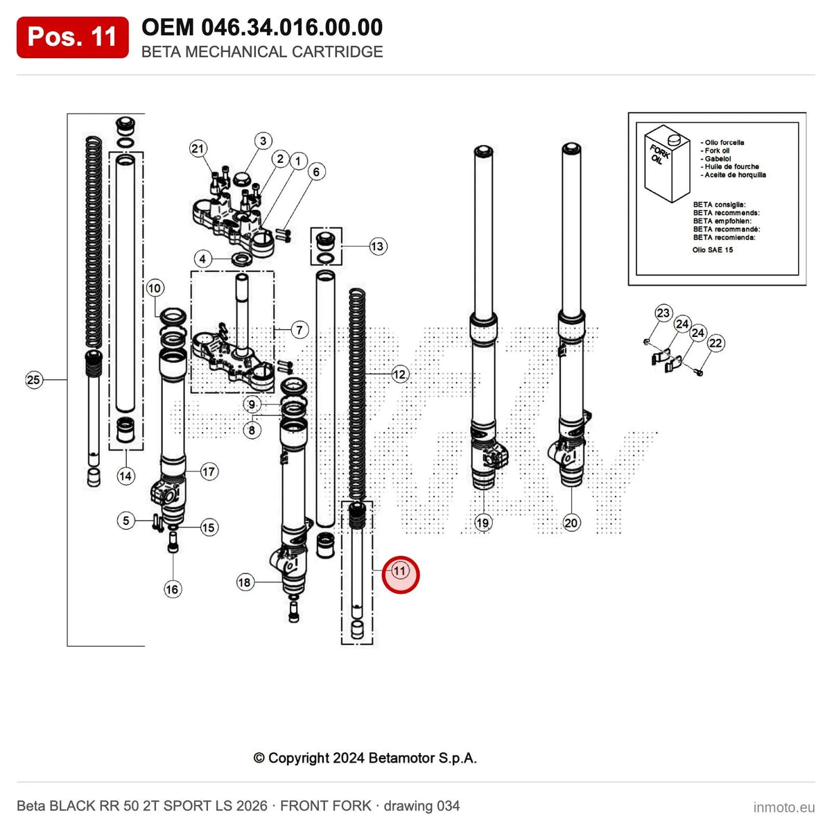BETA MECHANICAL CARTRIDGE – OEM 046.34.016.00.00, position 11 on the Beta BLACK RR 50 2T SPORT LS 2026 front fork drawing