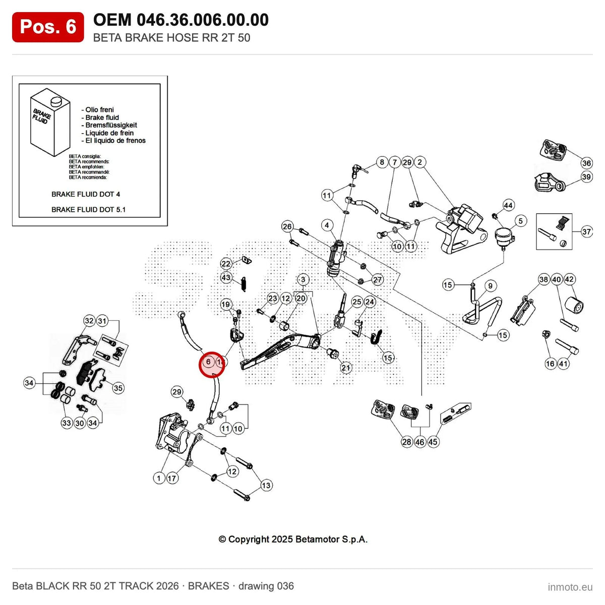 BETA BRAKE HOSE RR 2T 50 – OEM 046.36.006.00.00, position 6 on the Beta BLACK RR 50 2T TRACK 2026 brakes drawing