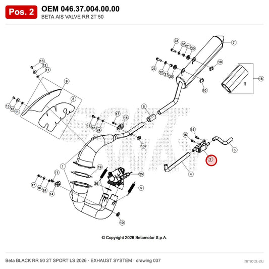 BETA AIS VALVE RR 2T 50 – OEM 046.37.004.00.00, position 2 on the Beta BLACK RR 50 2T SPORT LS 2026 exhaust system drawing