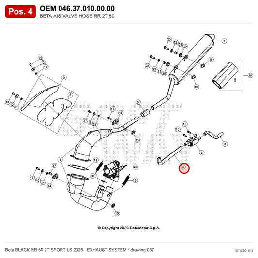 BETA AIS VALVE HOSE RR 2T 50 – OEM 046.37.010.00.00, position 4 on the Beta BLACK RR 50 2T SPORT LS 2026 exhaust system drawing