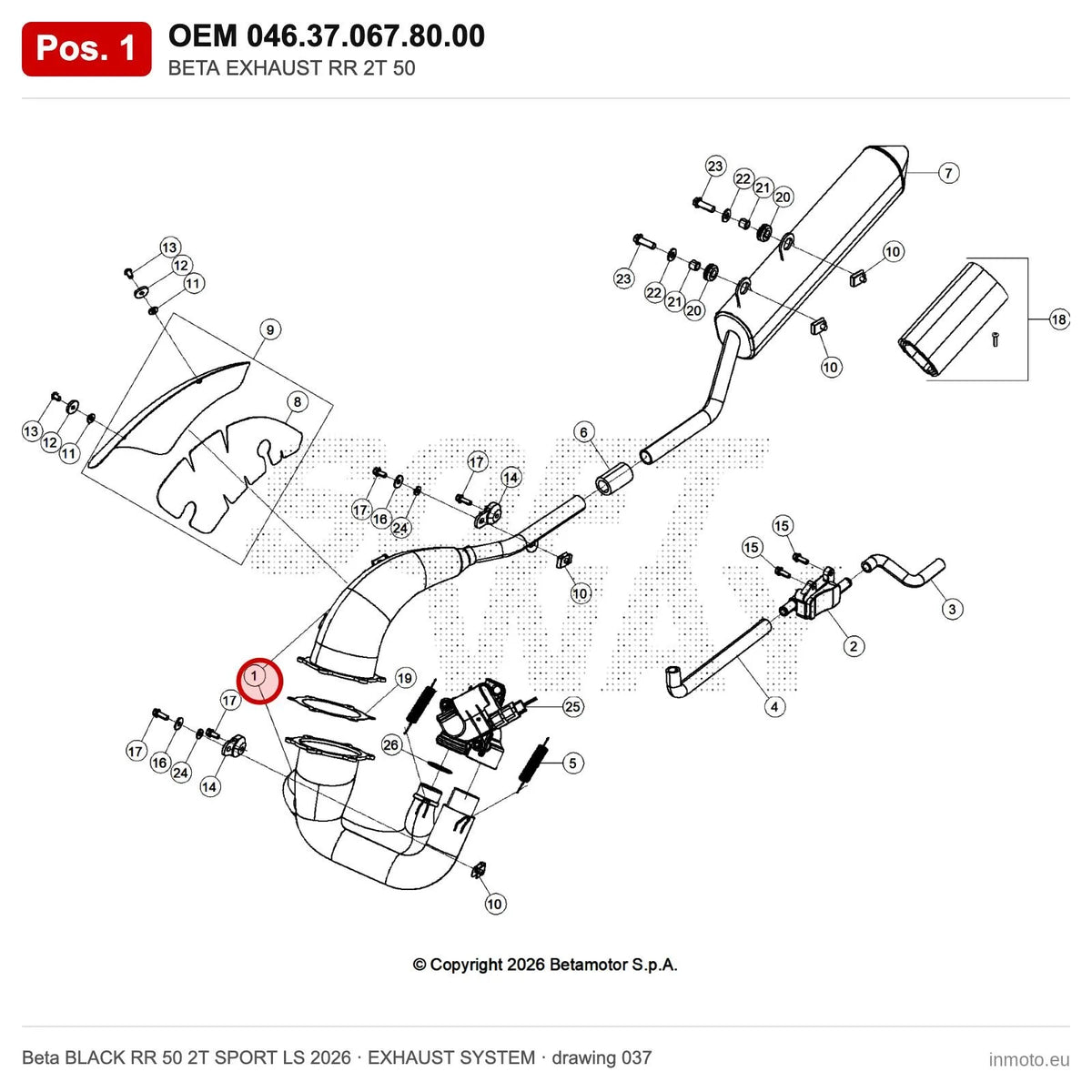 BETA EXHAUST RR 2T 50 – OEM 046.37.067.80.00, position 1 on the Beta BLACK RR 50 2T SPORT LS 2026 exhaust system drawing