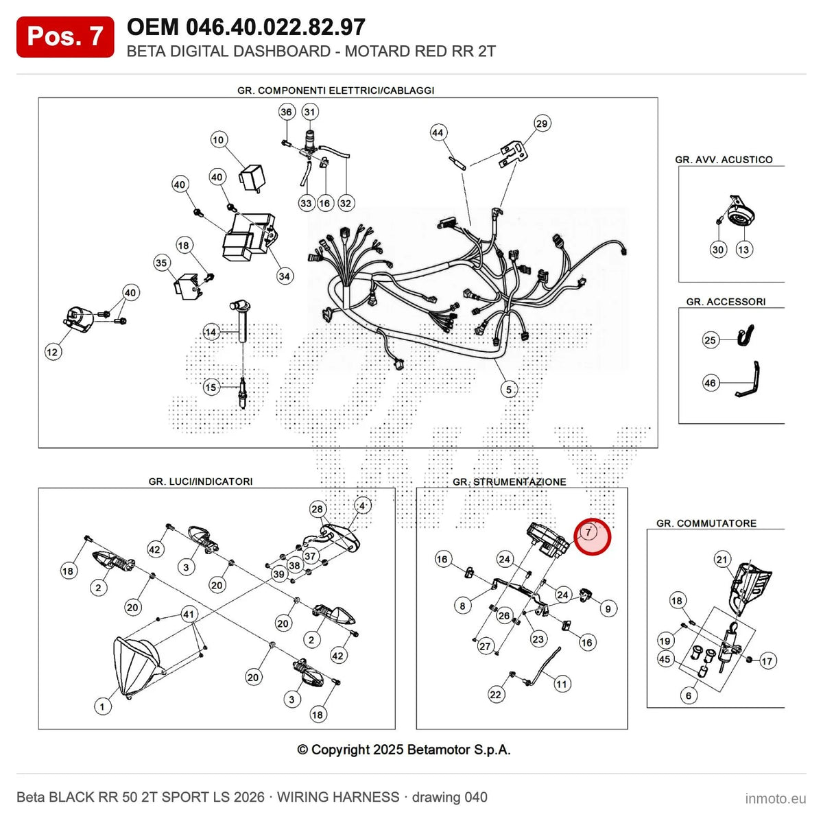 BETA DIGITAL DASHBOARD - MOTARD RED RR 2T – OEM 046.40.022.82.97, position 7 on the Beta BLACK RR 50 2T SPORT LS 2026 wiring harness drawing