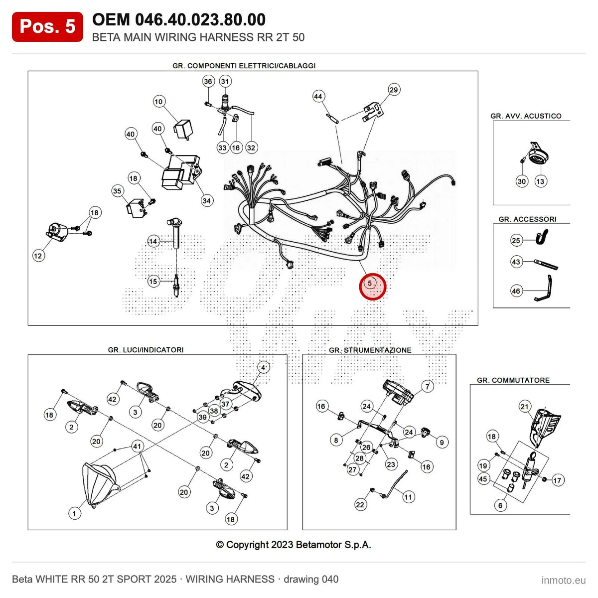 BETA MAIN WIRING HARNESS RR 2T 50 – OEM 046.40.023.80.00, position 5 on the Beta WHITE RR 50 2T SPORT 2025 wiring harness drawing