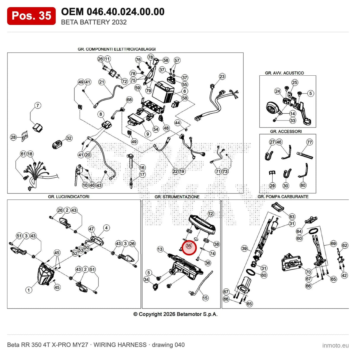 BETA BATTERY 2032 – OEM 046.40.024.00.00, position 35 on the Beta RR 350 4T X-PRO MY27 wiring harness drawing