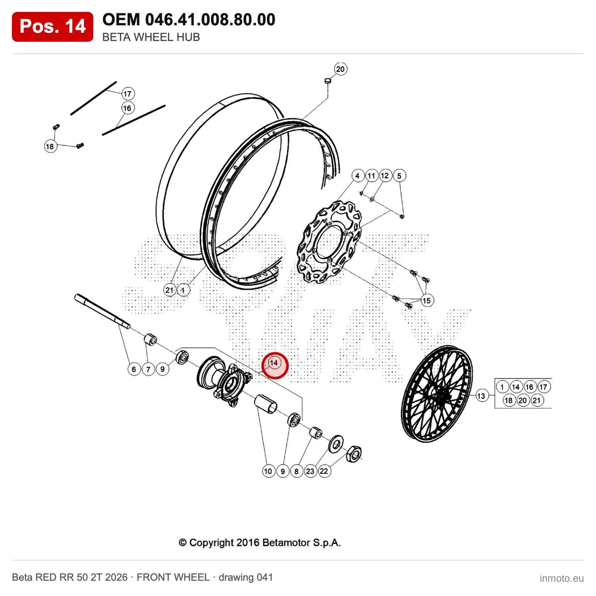 BETA WHEEL HUB – OEM 046.41.008.80.00, position 14 on the Beta RED RR 50 2T 2026 front wheel drawing