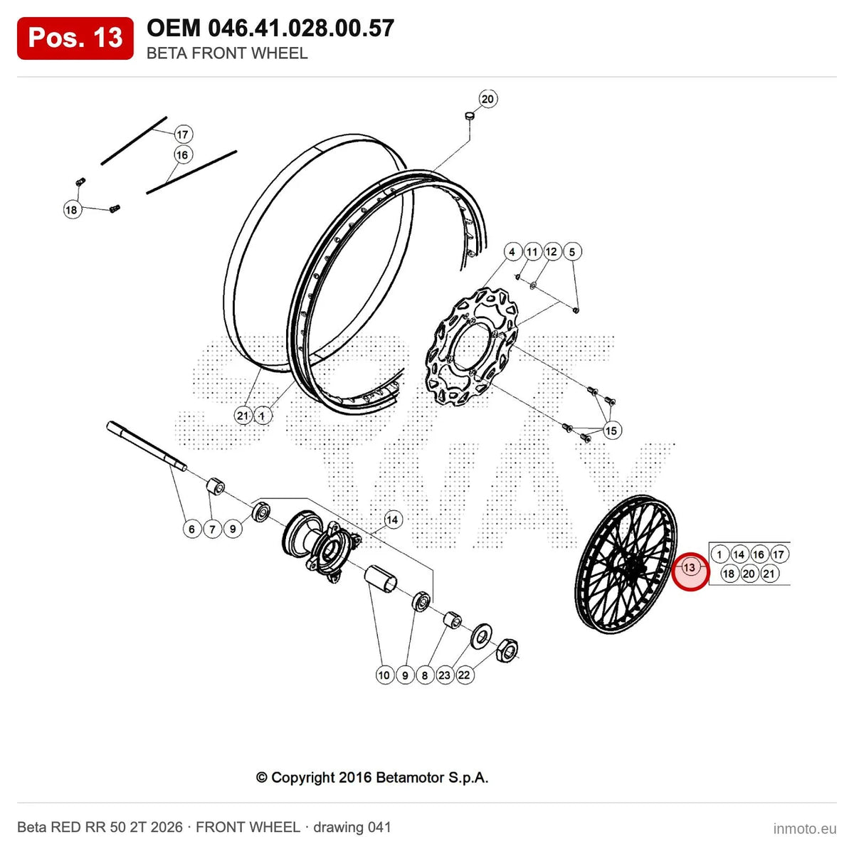 BETA FRONT WHEEL – OEM 046.41.028.00.57, position 13 on the Beta RED RR 50 2T 2026 front wheel drawing