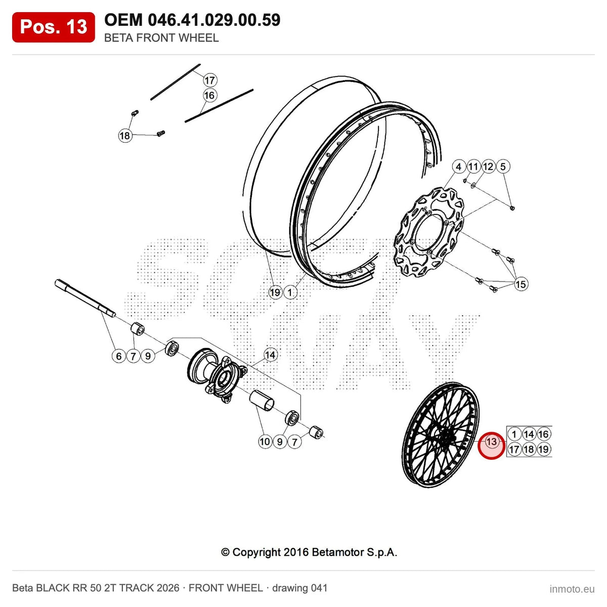BETA FRONT WHEEL – OEM 046.41.029.00.59, position 13 on the Beta BLACK RR 50 2T TRACK 2026 front wheel drawing