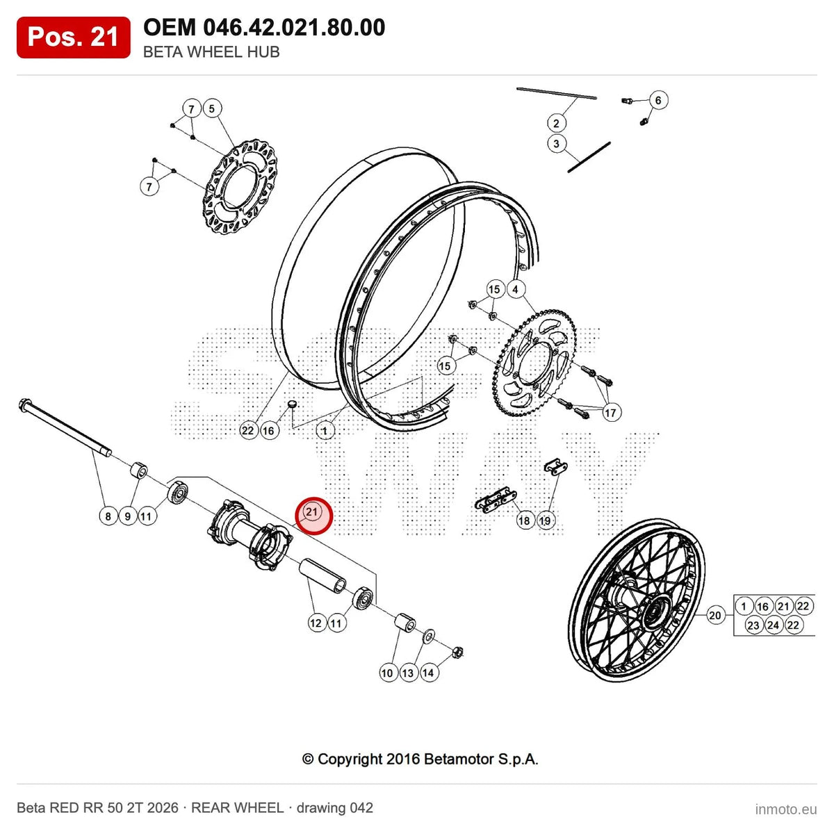 BETA WHEEL HUB – OEM 046.42.021.80.00, position 21 on the Beta RED RR 50 2T 2026 rear wheel drawing