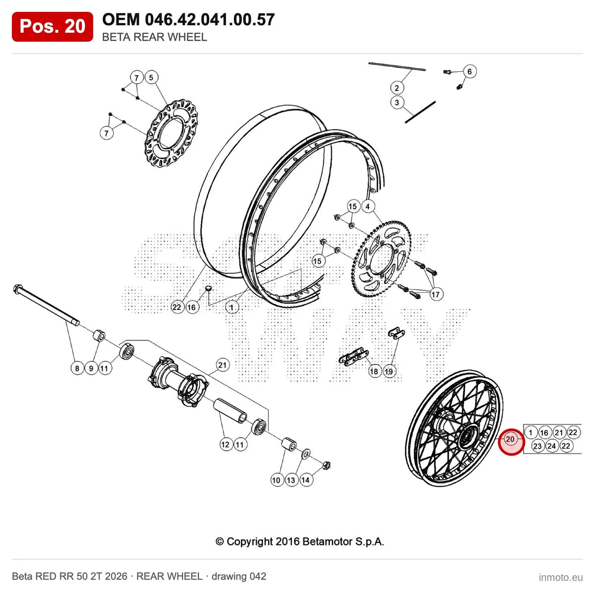 BETA REAR WHEEL – OEM 046.42.041.00.57, position 20 on the Beta RED RR 50 2T 2026 rear wheel drawing