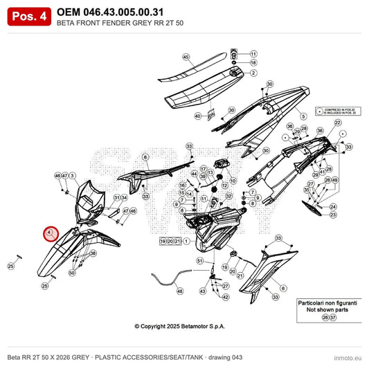 BETA FRONT FENDER GREY RR 2T 50 – OEM 046.43.005.00.31, position 4 on the Beta RR 2T 50 X 2026 GREY plastic accessories/seat/tank drawing