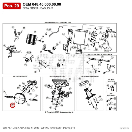 BETA FRONT HEADLIGHT – OEM 048.40.000.00.00, position 29 on the Beta ALP GREY ALP X 350 4T 2025 wiring harness drawing