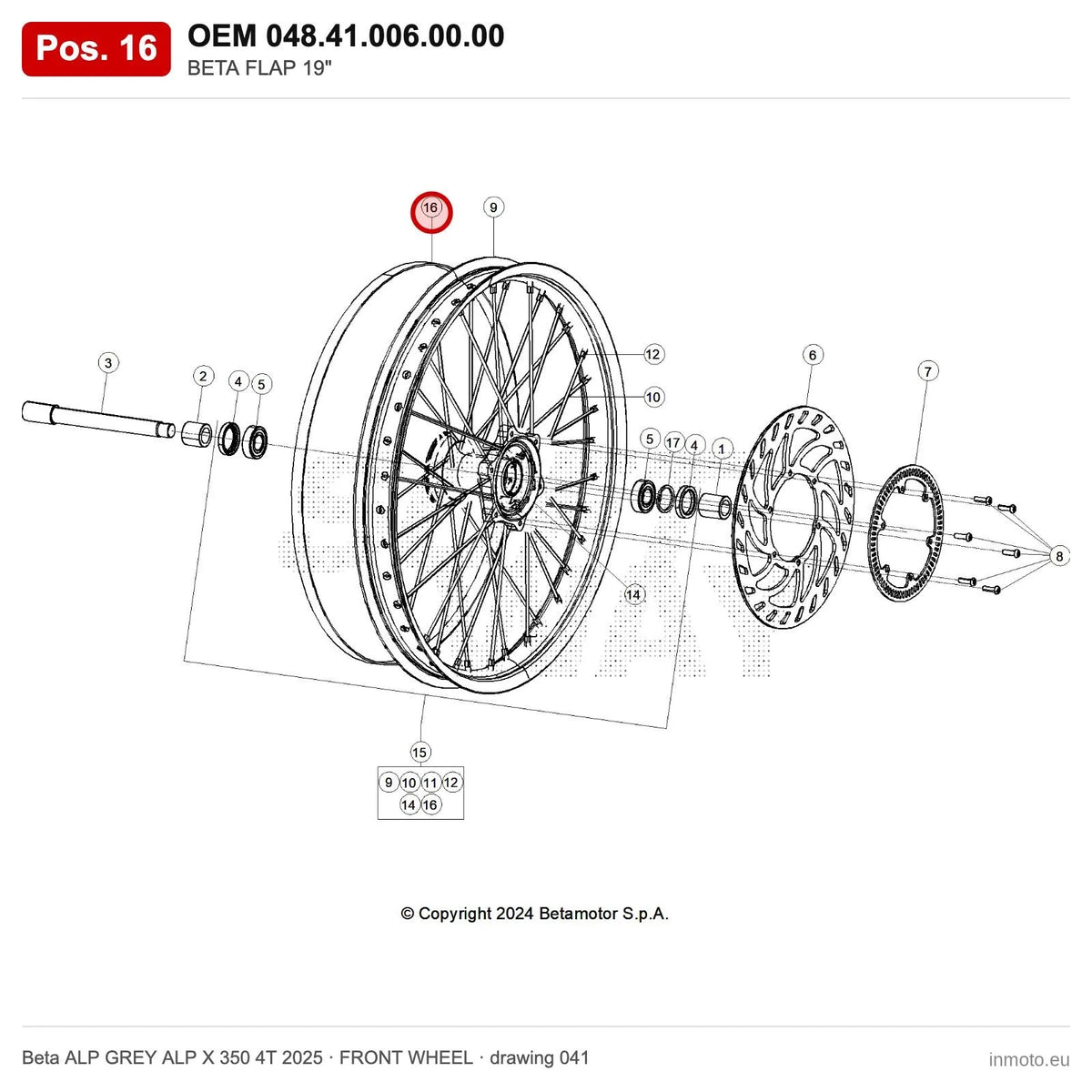 BETA FLAP 19" – OEM 048.41.006.00.00, position 16 on the Beta ALP GREY ALP X 350 4T 2025 front wheel drawing