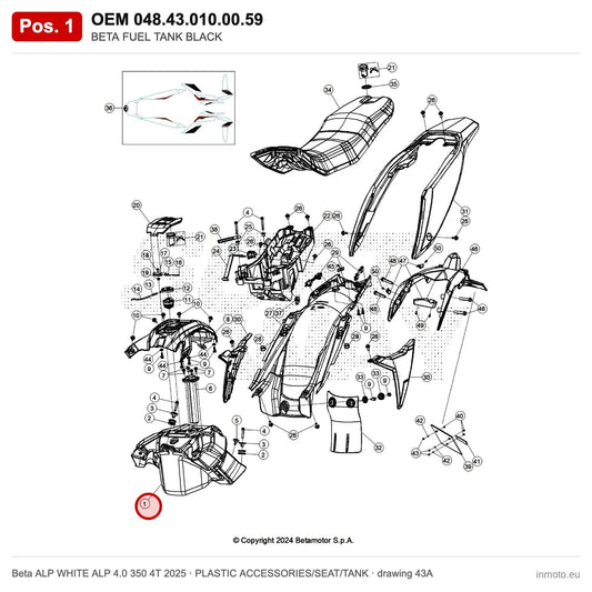 BETA FUEL TANK BLACK – OEM 048.43.010.00.59, position 1 on the Beta ALP WHITE ALP 4.0 350 4T 2025 plastic accessories/seat/tank drawing