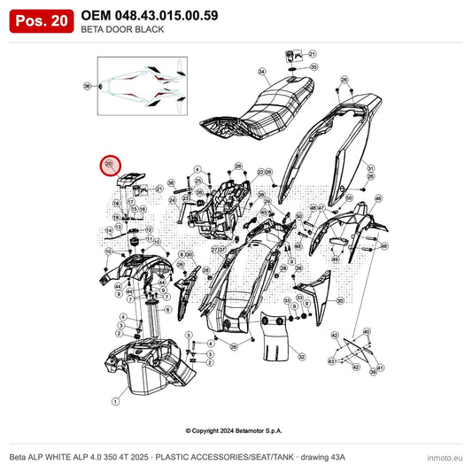 BETA DOOR BLACK – OEM 048.43.015.00.59, position 20 on the Beta ALP WHITE ALP 4.0 350 4T 2025 plastic accessories/seat/tank drawing
