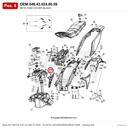 BETA TANK COVER BLACK – OEM 048.43.024.00.59, position 8 on the Beta ALP WHITE ALP 4.0 350 4T 2025 plastic accessories/seat/tank drawing