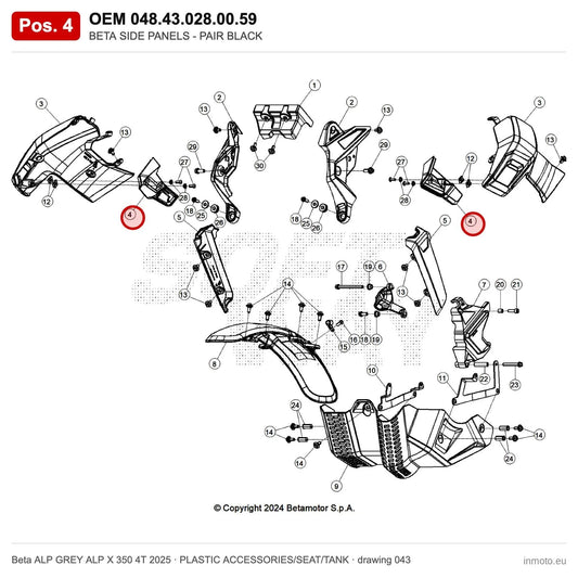 BETA SIDE PANELS - PAIR BLACK – OEM 048.43.028.00.59, position 4 on the Beta ALP GREY ALP X 350 4T 2025 plastic accessories/seat/tank drawing