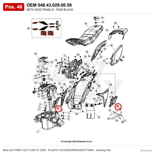 BETA SIDE PANELS - PAIR BLACK – OEM 048.43.029.00.59, position 46 on the Beta ALP GREY ALP X 350 4T 2025 plastic accessories/seat/tank drawing