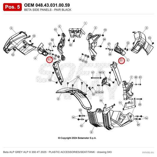 BETA SIDE PANELS - PAIR BLACK – OEM 048.43.031.00.59, position 5 on the Beta ALP GREY ALP X 350 4T 2025 plastic accessories/seat/tank drawing