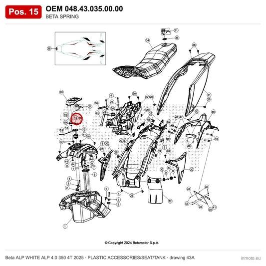 BETA SPRING – OEM 048.43.035.00.00, position 15 on the Beta ALP WHITE ALP 4.0 350 4T 2025 plastic accessories/seat/tank drawing