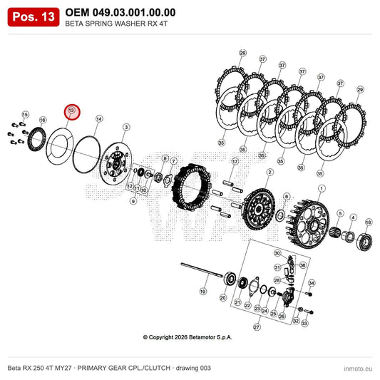 BETA SPRING WASHER 4T – OEM 049.03.001.00.00, position 13 on the Beta RX 250 4T MY27 primary gear cpl./clutch drawing