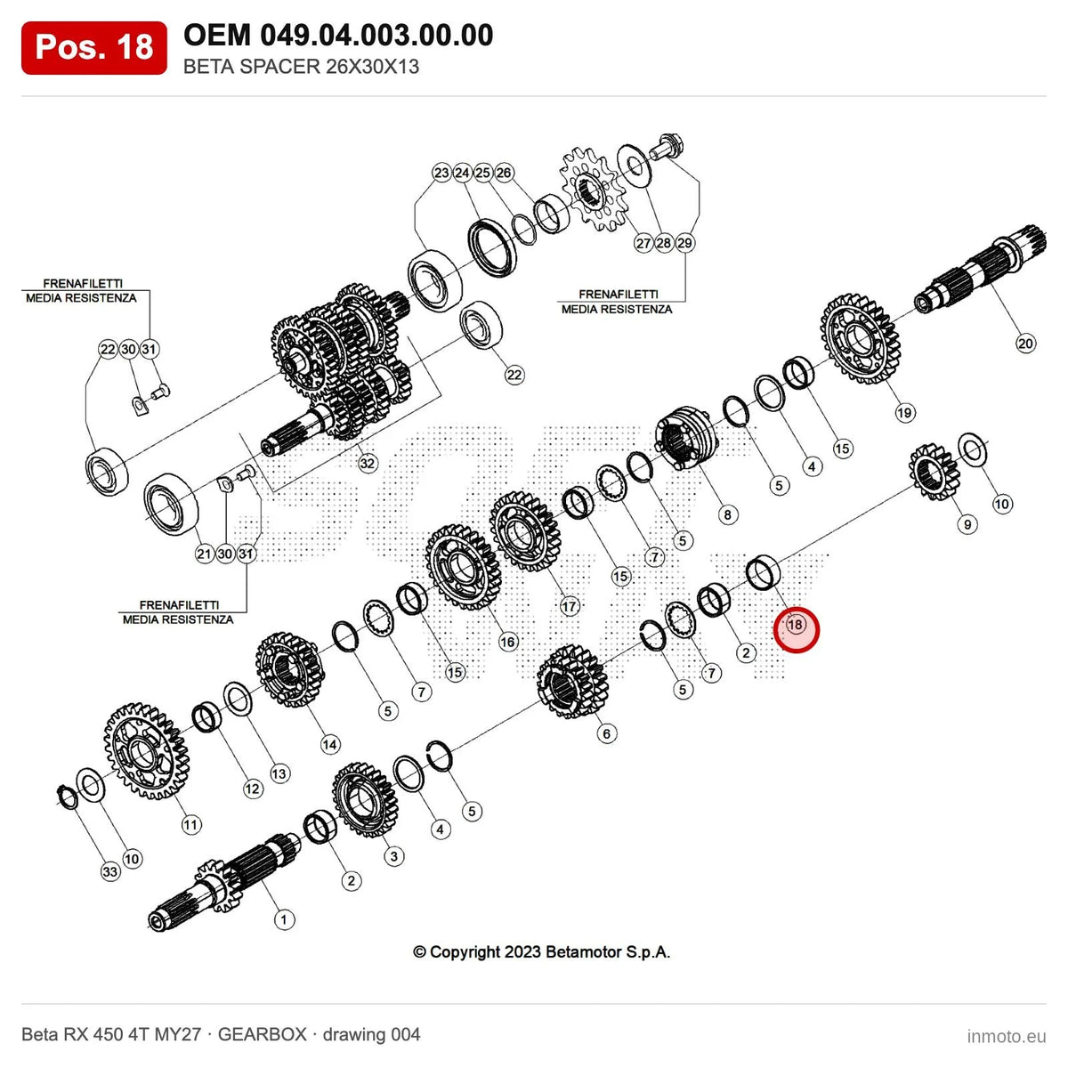 BETA SPACER 26X30X13 – OEM 049.04.003.00.00, position 18 on the Beta RX 450 4T MY27 gearbox drawing