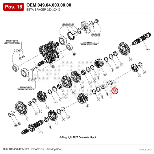BETA SPACER 26X30X13 – OEM 049.04.003.00.00, position 18 on the Beta RX 450 4T MY27 gearbox drawing