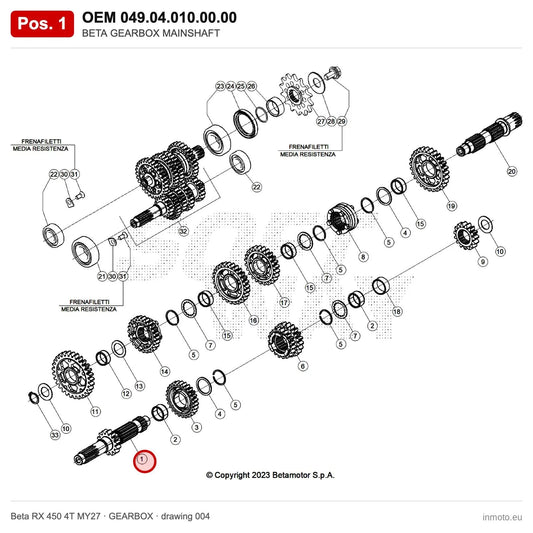 BETA GEARBOX MAINSHAFT – OEM 049.04.010.00.00, position 1 on the Beta RX 450 4T MY27 gearbox drawing