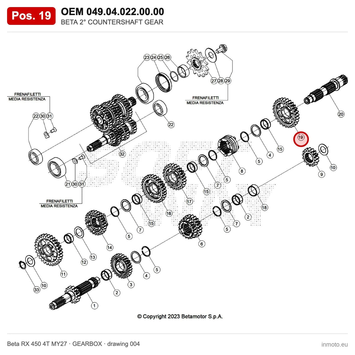 BETA 2° COUNTERSHAFT GEAR – OEM 049.04.022.00.00, position 19 on the Beta RX 450 4T MY27 gearbox drawing